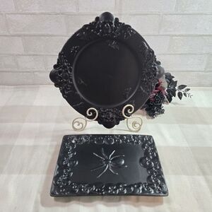 Spooky Black Ceramic Halloween Decor Plate Set Ornate Skulls and Spider NWF